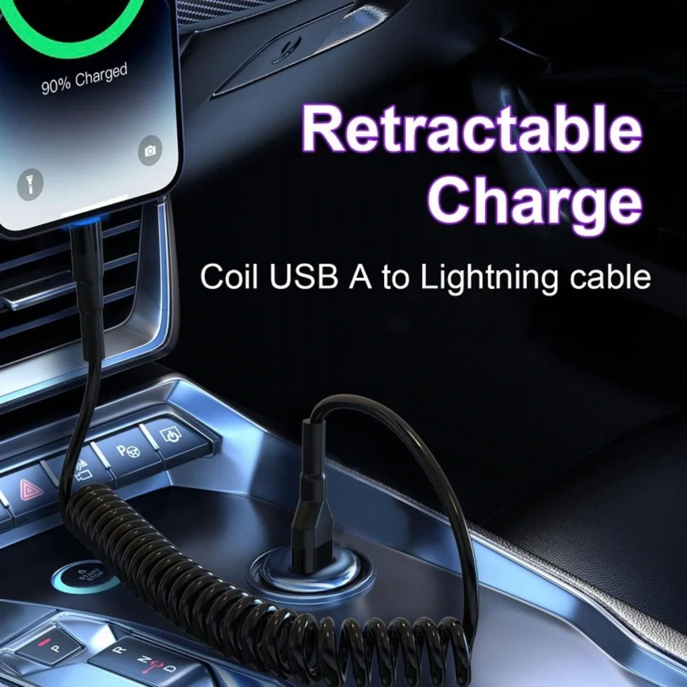 USB Data Synch & Charging Cable (Retractable, Coil USB A to Lightning Cable)